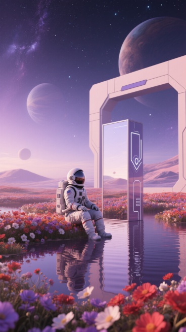梦幻星空背景下，一位宇航员坐在平静的水面上，周围环绕着绚丽的花海，远处有若隐若现的星球，宇航员旁边立着一个巨大的立方体镜子，科技未来感十足，未来主义风格，充满科幻色彩，融合新艺术元素，呈现三维立体空间预览效果