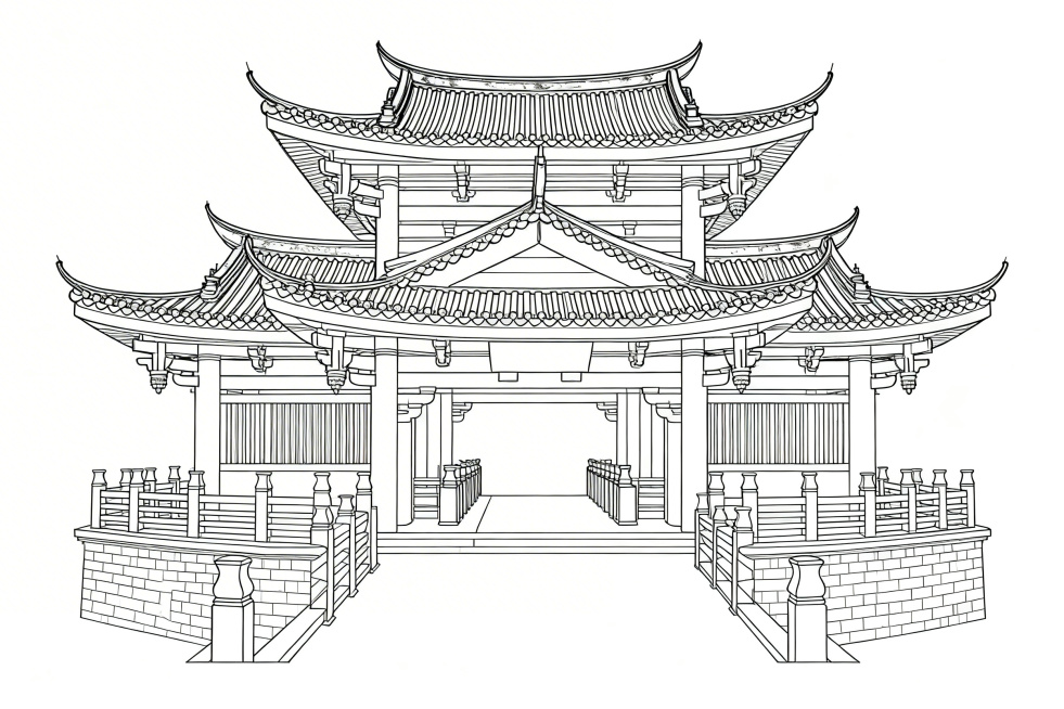 根据参考图生成潮州广济桥楼阁的正面平视图，纯线稿风格，黑白线条，干净背景，保留建筑结构细节预览效果