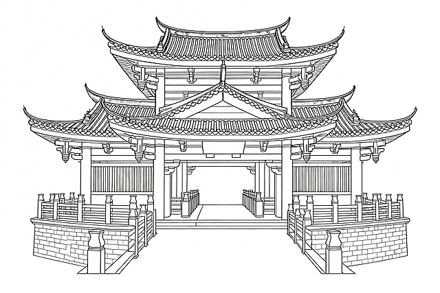 根据参考图生成潮州广济桥楼阁的正面平视图，纯线稿风格，黑白线条，干净背景，保留建筑结构细节