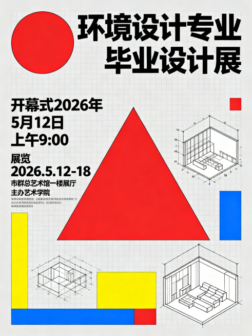 包豪斯风格环境设计专业毕设展览海报：主视觉用简洁几何图形（圆形、三角形、矩形）、网格排版与无衬线字体，采用经典红+黄+蓝三原色点缀搭配浅灰底色，融入简约建筑透视、空间轴测图等环境设计专业元素；标题'环预览效果
