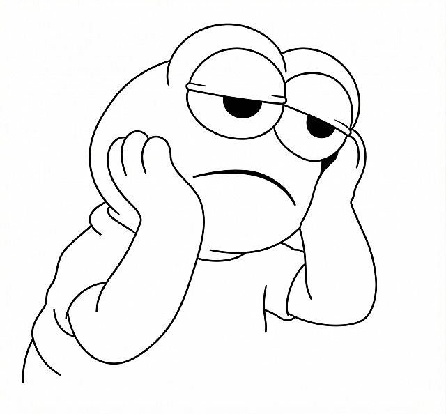 将图片中的青蛙玩偶形象转换为简洁的黑白简笔线描风格，线条清晰流畅，保留玩偶的核心特征和动作，仅保留线条没有填充色，适用于手账印章，可商用，去除原图中的咖啡、笔记本电脑、桌面、背景等多余元素，只保留青蛙玩偶主体的线描