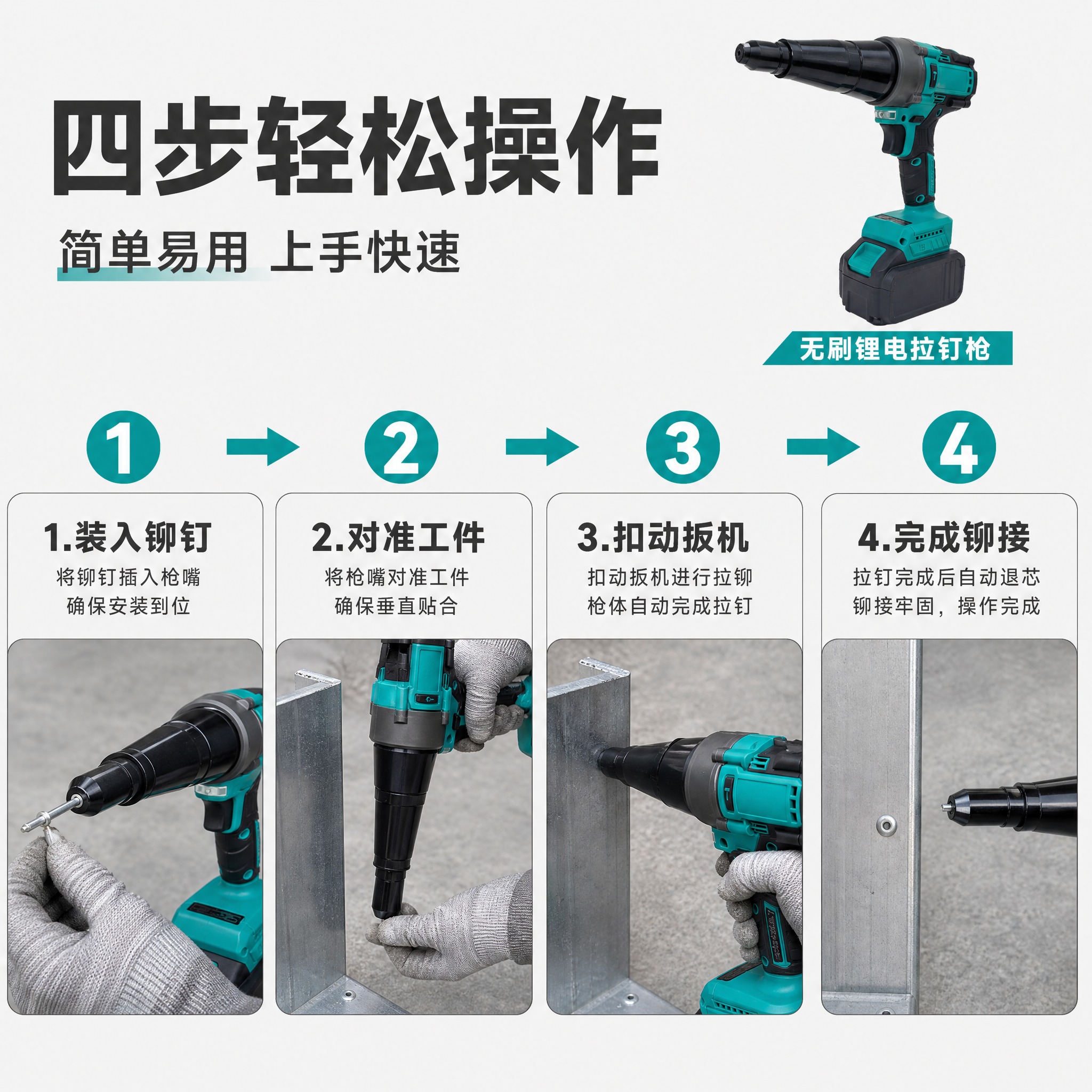 [主图-7] 操作步骤流程图，主题为展示拉钉枪的使用操作步骤，… - 图片创意预览