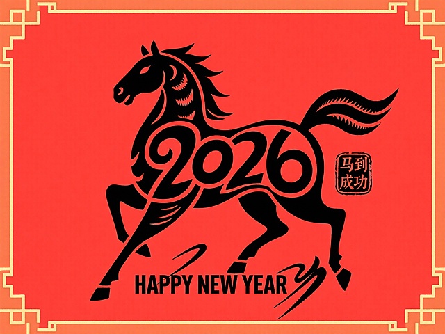 背景为纯红色，主体是黑色传统剪纸风格的奔腾骏马造型 —— 马身巧妙融合 “2026” 数字（“2” 化作马颈、“0”“6” 嵌入马身），线条流畅且带有剪纸特有的卷曲装饰感；马形旁点缀一枚黑色中式印章，印章内刻 “马到成功”，下方标注 “HAPPY NEW YEAR” 的黑色文字。画面加入国潮风金色几何纹样边框，整体呈现现代与传统结合的视觉风格。