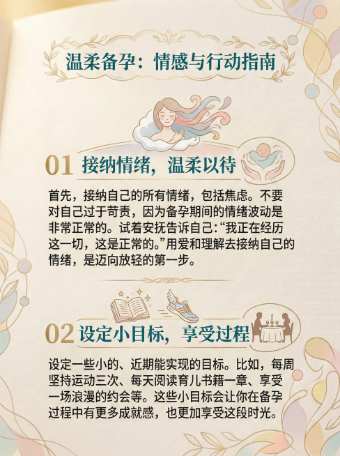参考上传图片的温馨柔和风格，米黄色底搭配浅金色装饰元素，生成备孕主题科普图，包含内容：01接纳情绪，温柔以待
首先，接纳自己的所有情绪，包括焦虑。不要对自己过于苛责，因为备孕期间的情绪波动是非常正常的预览效果