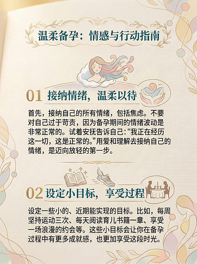 参考上传图片的温馨柔和风格，米黄色底搭配浅金色装饰元素，生成备孕主题科普图，包含内容：01接纳情绪，温柔以待
首先，接纳自己的所有情绪，包括焦虑。不要对自己过于苛责，因为备孕期间的情绪波动是非常正常的。试着安抚告诉自己:“我正在经历这一切，这是正常的。”用爱和理解去接纳自己的情绪，是迈向放轻松的第一步。

02设定小目标，享受过程
设定一些小的、近期能实现的目标。比如，每周坚持运动三次、每天阅读育儿书籍一章、享受一场浪漫的约会等。这些小目标会让你在备孕过程中有更多成就感，也更加享受这段时光。