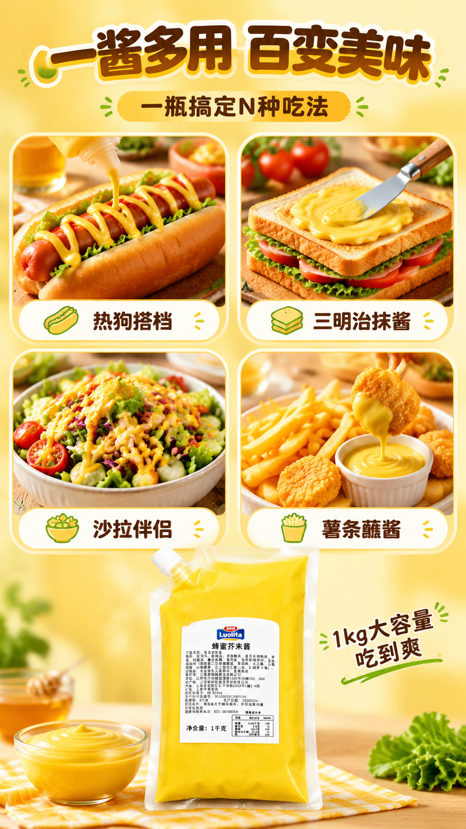 [商品] 使用【图1】罗丽塔蜂蜜芥末酱1kg吸嘴自立袋包装；保… - 图片创意预览