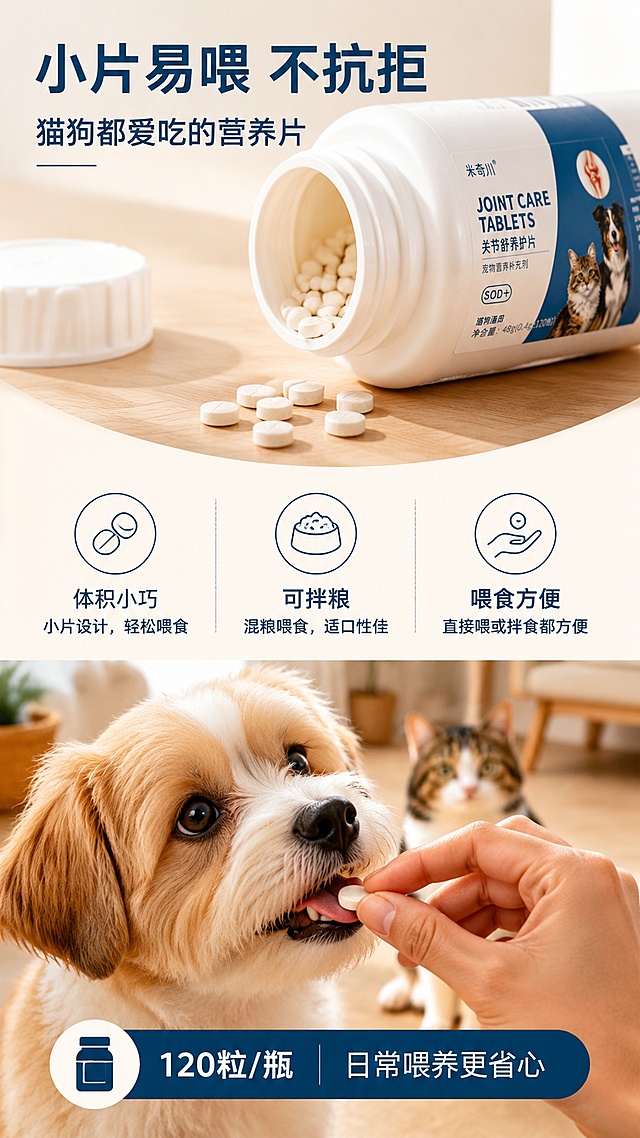 [第4屏] 详情页产品细节-片剂形态与喂食便利性展示。本屏使用【图1】作为产品主体，展示药片细节。
[氛围/风格] 清新真实场景风，微距细节展示，生活化喂食场景，商业摄影质感。
[元素布局] 画面上方为打开瓶盖的产品瓶，瓶口倾斜倒出几片小药片；中部微距展示药片细节，圆形小片剂，表面光滑；下方为喂食场景：手托药片喂给可爱小狗/猫咪，或放在粮勺里；背景为温馨家居环境，浅木色地板。
[光影质感] 自然光从侧上方照射，药片纹理清晰，整体温暖明亮。
[配色色系] 全局底色 #FFF8EE 暖米色；主色深蓝、白色；辅助色暖木色、浅橙色。
[视角构图] 上下分栏构图，上半部分产品倒出药片，下半部分喂食场景，阅读动线从上到下。
[文字版式] 顶部大标题「小片易喂 不抗拒」，副标题「猫狗都爱吃的营养片」；中部三个卖点图标配文字「体积小巧」「可拌粮」「喂食方便」；底部信息条「120粒/瓶 日常喂养更省心」；文字清晰，字号适中。
[比例分辨率] 9:16 竖版比例，4K 分辨率，文字清晰可辨，高清画质。
[负向提示词] 产品变形，药片过大或形状错误，颜色偏差，水印，文字错乱，产品图模糊。