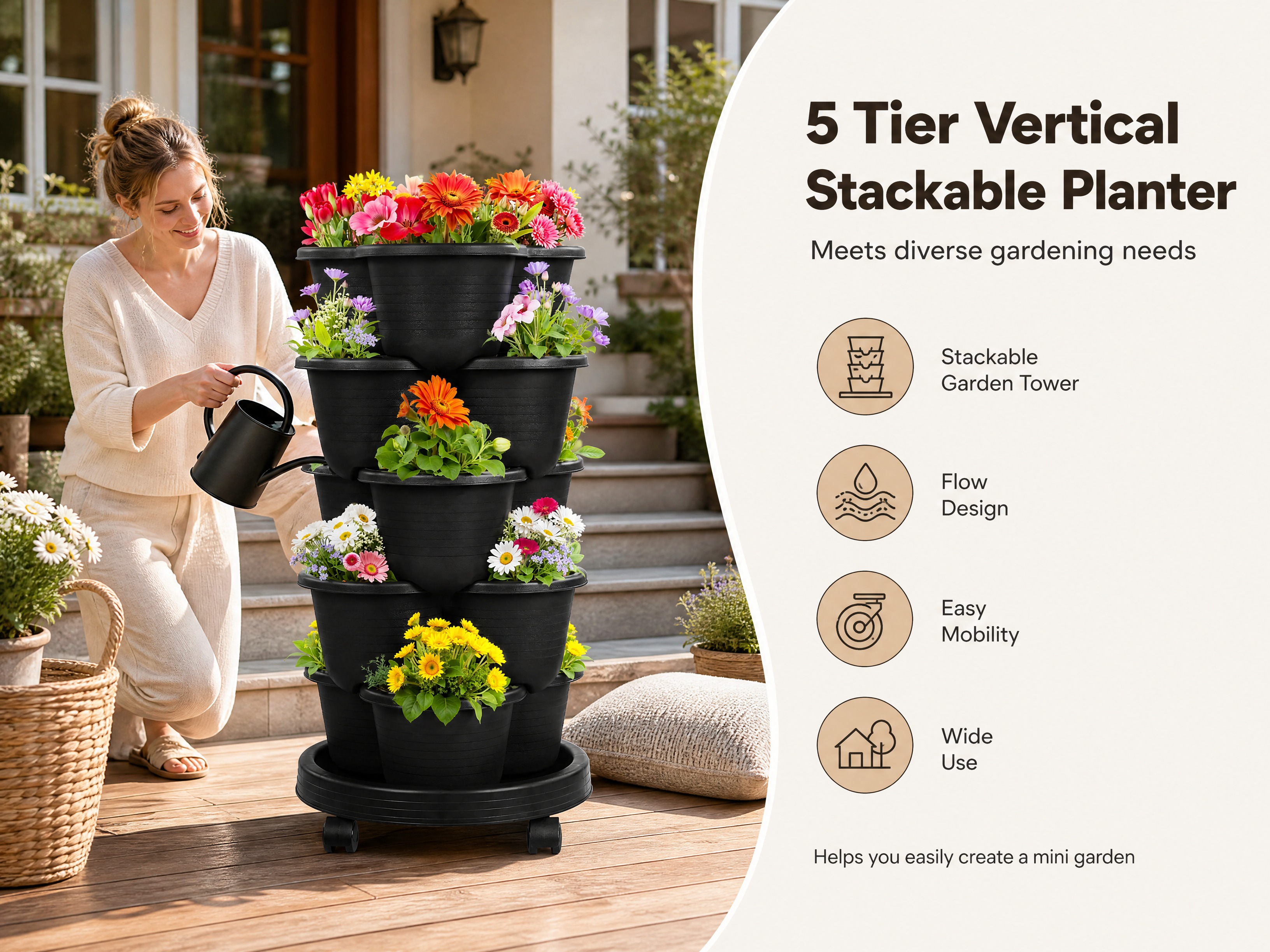 [商品] 使用【图1】黑色四瓣款5层立体可叠加种植箱（5 Ti… - 图片创意预览