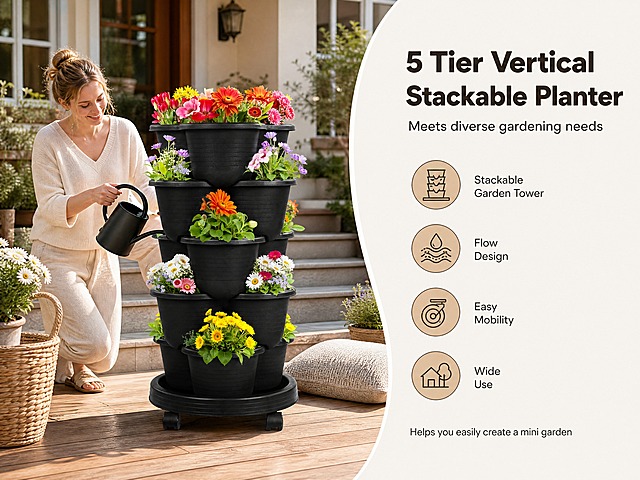 [商品] 使用【图1】黑色四瓣款5层立体可叠加种植箱（5 Tier Vertical Stackable Planter）；保留产品完整结构：5层四瓣花盆堆叠形态、黑色PU材质纹理、底部圆形底盘、万向轮、每层三瓣式花瓣轮廓与比例；产品形态必须与参考图完全一致，禁止折叠、收缩、变形或任何形态改变；花盆中种植各色花卉植物，保持产品主体一致性。
[画面] 页面目标：场景使用头图，展示产品真实家居使用氛围与核心卖点；构图骨架：左半部分实景，右半部分弧形米白色信息图文区；主体位置：产品放置在画面左侧别墅台阶的木地板上；主体占比：产品约占画面45%；景别：中景；阅读动线：从左产品场景到右信息区；前中后景：前景木地板与坐垫、中景产品与浇水女性、后景别墅台阶与绿植；场景动作：白人女性身着家居服，拿着黑色浇水壶正在给种植箱浇水，旁边有坐垫和编织筐，自然温馨的园艺生活场景。
[视觉] 套系策略：风格=明亮柔和自然光，室内家居实景，8K商业产品摄影，高清锐利，干净通透；标题字=Montserrat Bold；正文字=Montserrat Regular；主色=深炭棕#3A2E24；背景延展=基于奶米白#F8F5F0做深浅层级、同色渐变和细腻质感；强调色=暖复古浅金棕#D4B898，仅用于小面积图标圆圈底色；标题色=深炭棕#3A2E24；正文色=深灰#444444；组件=圆角柔和弧形边角信息文本框（低饱和奶米白#F8F5F0）、细线条圆形图标（线条色深炭棕#3A2E24）；光影=左前侧暖柔自然光，柔和阴影。
[文字] 右侧弧形信息区，所有文字左对齐；主标题："5 Tier Vertical Stackable Planter"（Montserrat Bold，深炭棕#3A2E24，大字号）；副标题："Meets diverse gardening needs"（Montserrat Medium，深灰#444444，中字号）；4组圆形图标卖点，从上到下依次：Stackable Garden Tower、Flow Design、Easy Mobility、Wide Use（每个卖点配细线条圆形图标，图标底色暖复古浅金棕#D4B898，图标线条深炭棕#3A2E24，文字Montserrat Regular，深灰#444444）；底部小字："Helps you easily create a mini garden"（Montserrat Regular，深灰#444444，小字号）；文本框与图片边缘预留固定边距，不贴边。
[规格] 亚马逊高级A+移动端，比例4:3横版，分辨率4K，全英文文案；禁止中文、水印、文字乱码、高饱和亮色、直角硬方框、多种字体混用；禁止产品变形、折叠、收缩；禁止冷蓝/蓝灰/冷灰成为背景主色。