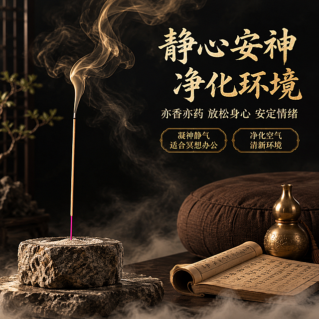 [主图-5] 功效体验卖点 静心安神 净化环境 传统养生
[统一基调] 暗调黑金中式传统风格，纯黑色背景带轻微烟雾纹理，金色书法大字标题，铜质香炉道具，整体庄严肃穆，主标题用金色毛笔书法大字，副标题用金色宋体小字，信息卡片用深棕底金边圆角样式，全套视觉统一。
[画面] 画面营造静谧的传统养生冥想场景，不突出产品包装。画面左侧一个古朴的石质香座上，插着一支点燃的降真香线香（保持原图外观），香烟袅袅上升，形成一道优美的烟柱，在黑色背景中缓缓散开。右侧是传统静坐场景的一角：一个深棕色蒲团的局部，旁边放着一册卷开的古线装书和一个铜制葫芦。底部有淡淡的云雾效果，仿佛仙境一般。背景是纯黑色，有淡淡的烟雾流动，整体宁静神秘，禅意十足。
[光影质感] 商业摄影质感，左侧柔和的侧光，香烟在光线中呈现半透明的金色丝絮状，层次丰富优美。石质香座有粗糙自然的纹理，铜葫芦有温润的金属光泽，古书有泛黄的古纸质感。整体光影柔和静谧，营造神秘安宁的修炼氛围。
[配色] 背景主色：纯黑色带淡烟雾云雾；主标题色：金色；副标题色：浅金色；道具色：石灰色、铜金色、古书米黄、蒲团深棕；烟雾色：淡金灰白。
[文字版式] 画面右上角主标题两行'静心安神 净化环境'，金色毛笔书法字体。下方副标题'亦香亦药 放松身心 安定情绪'，浅金色小号宋体。下方两个金边圆角信息标签，深底金字，分别写'凝神静气 适合冥想办公'和'净化空气 清新环境'。文字放在右上负空间，不破坏画面静谧感。文字横排。
[输出要求] 1:1正方形构图，2K分辨率，整体氛围宁静神秘禅意，烟雾效果自然真实，文字清晰。禁止变形、错字、模糊、水印、平台Logo。不出现产品包装筒。