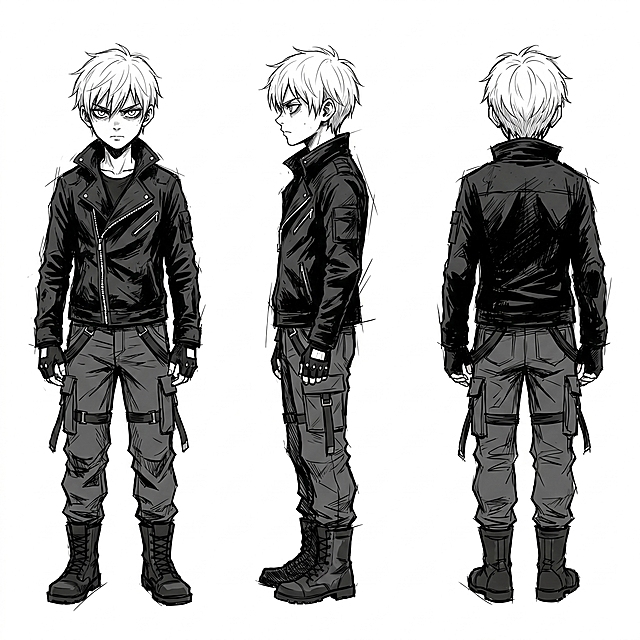 Based on the original character Ash, redesign into a dark shonen character design turnaround sheet. Modern 10-year-old teenage boy Ash, short messy white hair, sharp intense eyes with dark circles, skinny but wiry build with visible tension in posture, keep the short white hair feature. Ash wears a worn black tactical jacket with asymmetrical zipper, dark gray cargo pants with straps, fingerless gloves, combat boots. Front view, side view, back view, orthographic projection, bold heavy manga linework, thick ink strokes, rough dynamic sketch lines, visible speed lines and cross-hatching for shadows, exaggerated angular anatomy, intense neutral expression, full body standing pose in a ready stance, gritty urban atmosphere, monochrome ink drawing, high contrast black and white, no text, no watermark, professional dark shonen character reference, clean white background