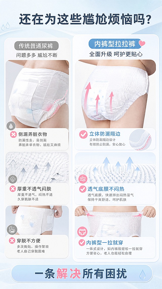 [商品] 使用【图1】白色内裤型成人拉拉裤；保留内裤式一体结构、白色主体、腰部松紧、腿部防漏边；右侧展示本品，左侧用传统普通尿裤示意痛点。
[画面] 目标：痛点对比页，引发用户共鸣。构图：左右分栏对比，左栏痛点场景，右栏解决后状态；左半部分展示传统尿裤的尴尬（侧漏、厚重、不透气示意），右半部分本品穿着效果干爽舒适；景别中景；阅读动线从左到右再向下。
[视觉] 套系策略：风格=国内电商温馨洁净医疗商业风；标题字=思源黑体粗体；正文字=思源黑体常规；主色=浅天蓝色；背景延展=基于浅天蓝做深浅层级、同色渐变和细腻纸张/织物质感；强调色=柔粉色，仅用于小面积图标、引线和标签；标题色=深灰蓝；正文色=中灰；组件=圆角浅底信息卡、细线引线、水滴图标；光影=左前侧柔和自然光，产品边缘有淡淡轮廓光。
[文字] 顶部主标题「还在为这些尴尬烦恼吗？」，左栏痛点文字：「侧漏弄脏衣物」「厚重不透气闷肤」「穿脱不方便」，右栏解决文字：「立体防漏隔边」「透气底膜不闷热」「内裤型一拉就穿」，底部总结语「一条解决所有困扰」。
[规格] 图片比例9:16竖版，4K分辨率，淘宝/天猫详情页风格，中文文案，避免变形、错字、文字过小、低俗擦边、绝对化用语、过度夸张恶心画面。