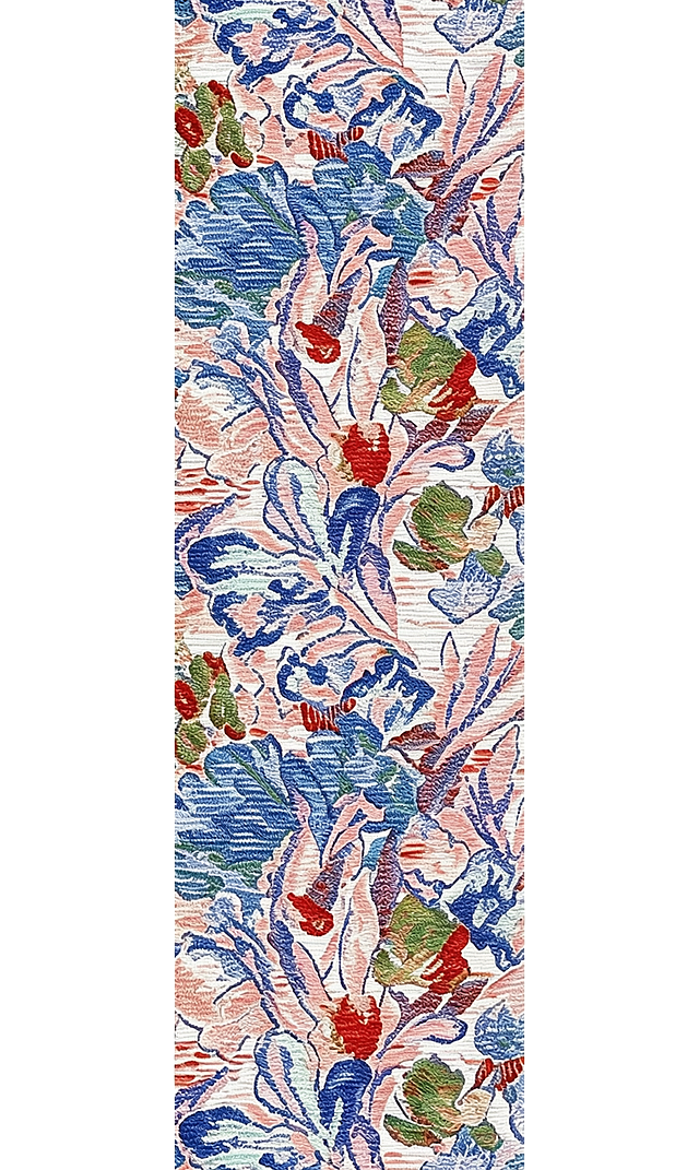生成一张和参考图一模一样的彩色植物花卉提花布料纹样图案，保持原有的红蓝配色和纹理风格