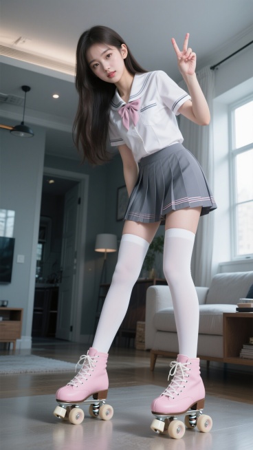 一个美到极致的女孩穿着现代时尚JK制服和白色过膝袜加一双粉色复古成人少女款式双排旱冰鞋（奶白色鞋带），保持女孩头披长发披肩、冷白皮的特征，在一个现代化屋子里比耶拍照，整体呈现广图感预览效果
