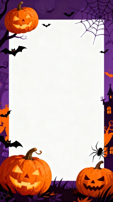万圣节主题背景图，画面主体位于正中央，近景区域大面积留白，背景中可包含南瓜灯、蝙蝠、蜘蛛网等万圣节元素，整体氛围神秘又略带节日喜庆，色调以深紫色和橙色为主预览效果
