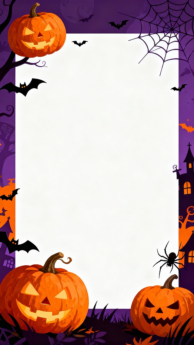 卡通感插画风，扁平化设计，哥特式元素点缀，剪纸风格边框，万圣节主题，南瓜灯、蝙蝠、蜘蛛网环绕，营造欢乐神秘氛围。