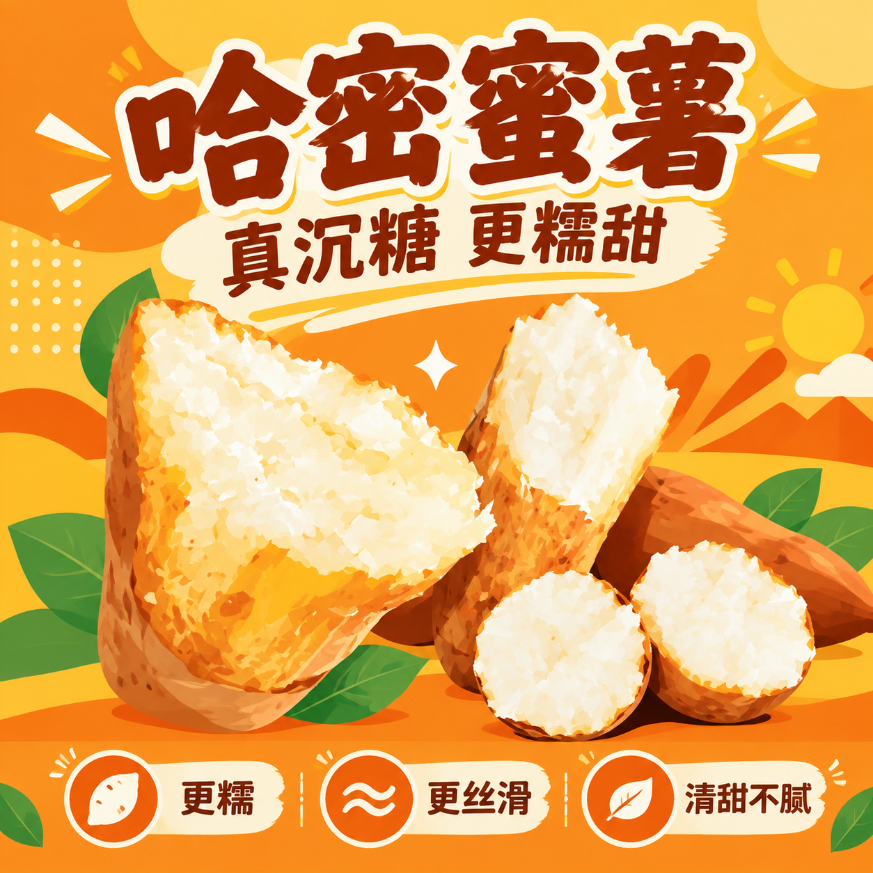 哈密蜜薯食品营销海报，1:1正方形，扁平插画风格。扁平化矢量插… - 图片创意预览