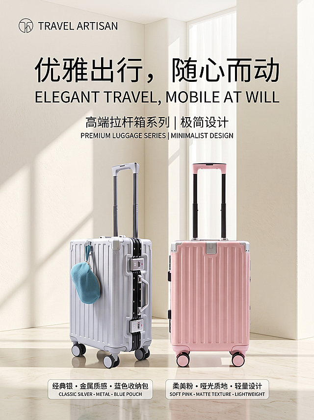 生成两款行李箱（银色带蓝色收纳包和粉色）的商品宣传海报，展示产品外观，突出旅行行李箱设计，简洁高级风格