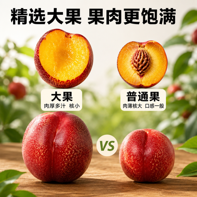 「图片1」，生成一套主图（10张），商品名称是麻点油桃，卖点是脆甜多汁，新鲜采摘，精选大果，风格是果园治愈风，美女在果园宣传介绍，适配拼多多平台，主图比例为1:1预览效果