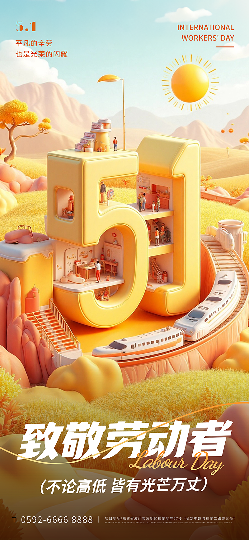 超现实主义3D场景五一劳动节竖版海报