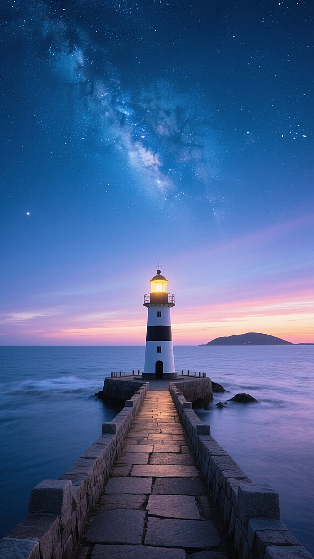 超写实摄影风格，宁静致远的氛围，深邃夜空中布满璀璨繁星，银河清晰可见，呈现出深蓝到浅蓝的渐变色彩，柔和的光线从天际线处透出，形成蓝紫色与橙粉色交织的黎明霞光，海面上波光粼粼，一座白色灯塔矗立在延伸至海中的石板栈道尽头，灯塔顶部发出温暖的黄色光芒，塔身有黑色装饰条纹，栈道两侧有石砌护栏，远处可见模糊的岛屿轮廓，整体构图采用对称美学，画面下方栈道引导视线聚焦于灯塔，光影运用柔和自然，高光与阴影过渡细腻，色彩和谐统一，营造出神秘而宁静的氛围。