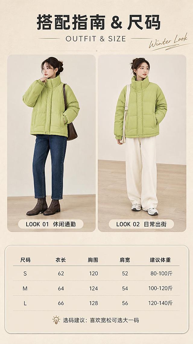 [商品] 使用【图1】青柠绿立领短款羽绒服；商品处理：保留立领、前门襟、双侧铆钉口袋、松紧袖口、短款廓形、青柠绿颜色和肌理感面料；自然去除衣身杂乱褶皱，理顺版型垂坠感，增强面料肌理纹理、缝线、金属铆钉和五金质感，不改变版型、颜色和结构。
[画面] 目标：搭配灵感+尺码信息页，上半部分搭配展示，下半部分尺码表。构图：上下分区，上半部分60%为2套穿搭小图横向排列（搭配牛仔裤+靴子、搭配阔腿裤+运动鞋），下半部分40%为尺码信息卡区域。背景为浅米色纸张质感，搭配区域有细微投影，尺码区用浅卡其色圆角卡片承载。
[视觉] 套系策略：风格=韩系简约高级冬日杂志风；标题字=现代简约无衬线粗体；正文字=纤细无衬线体；主色=青柠绿+奶杏色；背景延展=基于奶杏色做深浅层级、同色渐变和细腻织物/纸张质感；强调色=焦糖棕，仅用于小面积图标、引线和标签；标题色=深炭灰；正文色=中暖灰；组件=圆角浅底信息卡、细线引线、手写英文装饰；光影=柔和均匀布光，清晰展示信息。
[文字] 顶部主标题"搭配指南 & 尺码"，英文小标题"OUTFIT & SIZE"；上半部分每套搭配下方标注"LOOK 01 休闲通勤""LOOK 02 日常出街"；下半部分尺码表含S/M/L三个尺码，字段为"尺码""衣长""胸围""肩宽""建议体重"，用表格形式清晰呈现，底部加一行"选码建议：喜欢宽松可选大一码"；全部文字横排，字号清晰手机端可读。
[规格] 图片比例9:16竖版，4K，避免变形、错字、文字过小、冷蓝背景、衣服颜色改变、版型失真、纯白底、水印、二维码。