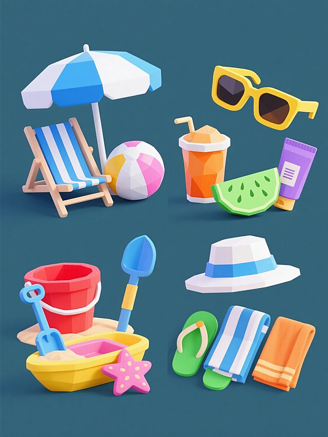 4个完全不同元素内容的夏季主题系列素材集合，保持3D低多边形风格，纯色背景，每个元素都有平滑的渐变色彩和简洁的几何形状，元素类目为夏季用品，规整排布在画面中，第一个元素为蓝色遮阳伞、蓝白条纹沙滩椅、粉白相间沙滩球和白色救生圈，第二个元素为黄色太阳镜、橙色冰饮杯、绿色西瓜片和紫色防晒霜，第三个元素为红色沙滩桶、蓝色铲子、黄色沙滩玩具船和粉色海星，第四个元素为白色遮阳帽、蓝白条纹毛巾、绿色人字拖和橙色沙滩巾，整体画面色彩明快，每个元素都有清晰的轮廓和柔和的阴影，保持统一的设计风格和视觉语言。