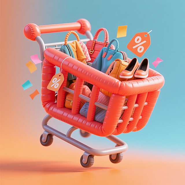 软3D风购物车满载时尚单品，充气质感搭配缤纷彩带与折扣标签，营造可爱又吸睛的促销氛围，适合双11节日营销场景。