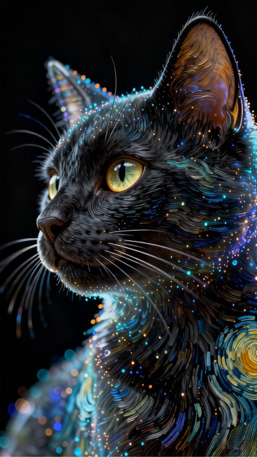 生成猫咪睁眼闭眼效果，一个由幽灵粒子组成的黑猫大侧脸，微小的粒子通过C4D建模、OC渲染，展现出通透的质感，边缘呈现出模糊的效果，还带有双重影像的视觉特征预览效果