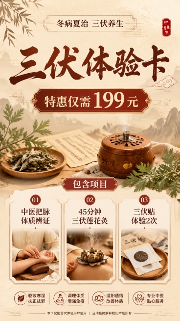 传统中医国风三伏体验卡促销海报，浅米色宣纸背景，点缀艾草、艾灸盒等养生元素，主标题“三伏体验卡”，副标题“特惠仅需 199 元”，顶部小字“冬病夏治 三伏养生”，下方用三张信息卡片列出包含项目：1.中预览效果