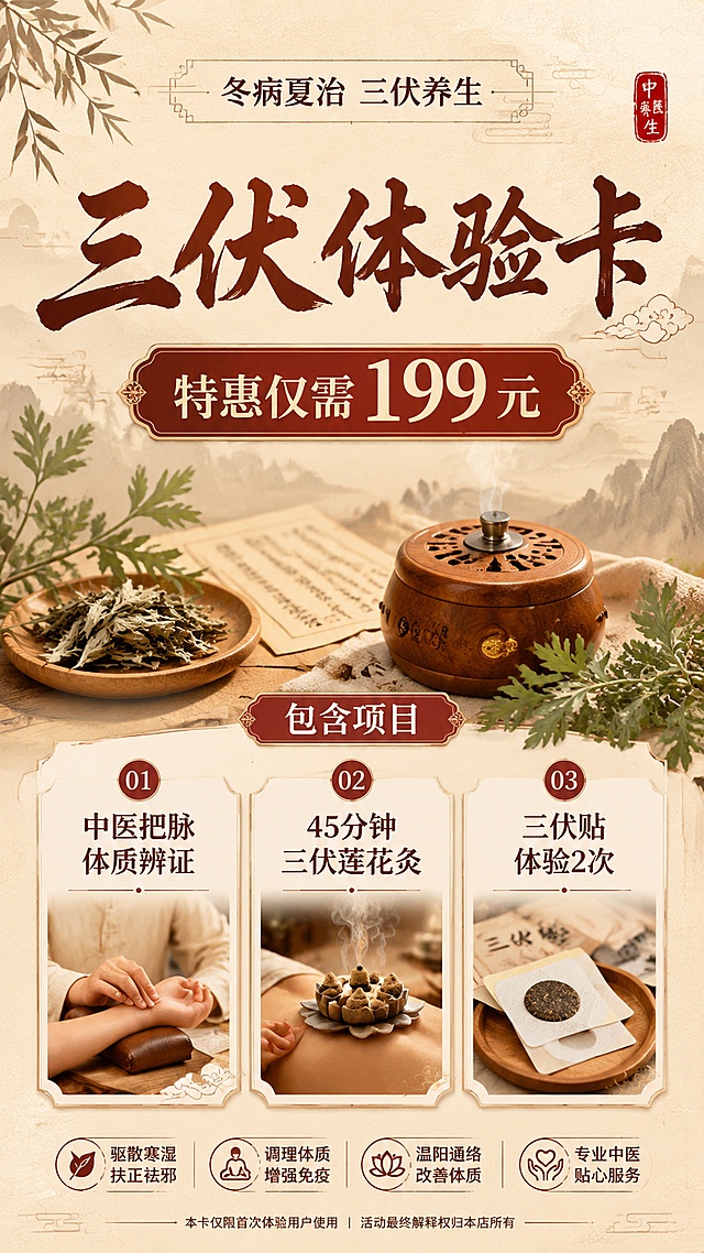 传统中医国风三伏体验卡促销海报，浅米色宣纸背景，点缀艾草、艾灸盒等养生元素，主标题“三伏体验卡”，副标题“特惠仅需 199 元”，顶部小字“冬病夏治 三伏养生”，下方用三张信息卡片列出包含项目：1.中医把脉体质辨证，2.45分钟三伏莲花灸，3.三伏贴体验2次，排版精美，信息分区清晰，文字全部清晰可读，传统中医风格，暖色调配色，符合中医诊所宣传氛围，画面比例9:16