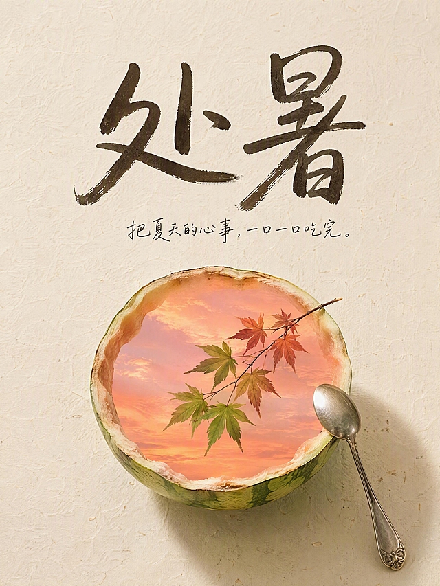 小红书笔记大字封面，插图大字，ins清新文艺风，版式精美，小红书笔记封面质感，适合信息流点击。主标题必须完整呈现且为画面视觉中心，逐字锁定：「处暑」。主标题字号占画面约45%视觉权重，清晰可读，不得增删改字。装饰短句：「把夏天的心事，一口一口吃完。」。背景与插画层：极简风俯拍视角，一张浅米色纹理纸铺满画面，有细腻的纸纹质感。画面中心放着半个挖空了的西瓜，瓜皮边缘有点干，呈现夏末的状态。西瓜的空碗里不是红色果肉，而是用粉橘色的晚霞天空图片填充，像一碗装着的落日，里面插着一支树叶开始变红的枫枝，枫叶从绿渐变到红。西瓜旁边放着一把复古银色小勺子，斜靠在瓜边。整体色调：浅米色纸底，西瓜皮绿色带点干枯感，晚霞粉橘渐变，枫叶红与绿交织，银勺冷金属色点缀。标题排版：大大的手写体「处暑」，像用勺子蘸着写在纸上一样，笔触随意自然，深褐色或墨色，置于画面上方或西瓜旁边的空白纸上。小字「把夏天的心事，一口一口吃完。」用清秀手写体，小字号排在主标题下方或西瓜旁边。装饰：极简克制，只有西瓜、晚霞、枫枝、银勺几个核心元素，大量留白，emoji不超过1个或不用。整体氛围：创意新奇、视觉矛盾感、温柔诗意、夏末告别、趣味性强。画质：高清细腻，俯拍平视角，柔和自然光，高级质感，信息层级清晰，主标题与背景强对比，文字完整处于安全区内不可裁切，顶部和底部各留约120px安全边距。画面比例3:4。