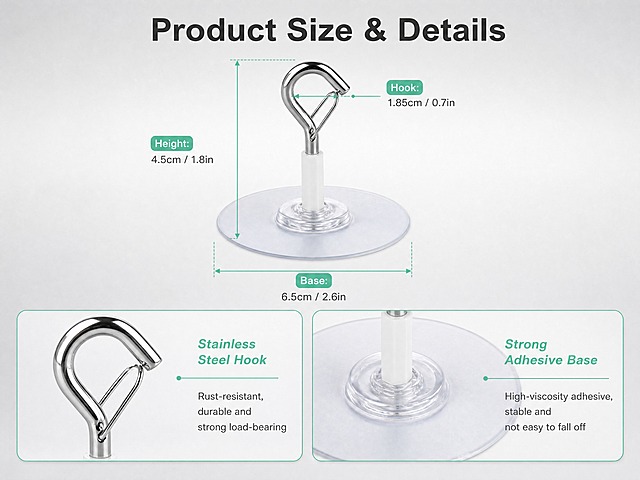 [商品] 使用【图3】免打孔自粘天花板挂钩；保留透明圆形粘胶底座直径6.5cm、白色连接杆、银色金属挂钩总长4.5cm、安全扣开口0.7cm、整体比例和颜色；增强金属光泽和材质细节，不改变产品结构和尺寸比例。
[画面] 目标：产品细节与尺寸参数页，展示结构和精确尺寸。上图下文构图，上方为产品主体带尺寸引线标注，下方为材质说明和细节放大图。主体占画面约45%，上方展示产品侧视全貌带尺寸线，下方左右排列两个细节放大框：挂钩安全扣特写、粘胶底座特写。阅读动线从上到下。背景为浅灰白渐变。
[视觉] 套系策略：风格=跨境亚马逊极简高级商业摄影；标题字=现代无衬线粗体英文字体；正文字=简洁无衬线英文字体；主色=银灰+浅灰白；背景延展=基于浅灰白做深浅层级渐变和细腻哑光质感；强调色=薄荷绿，仅用于尺寸线、引线和标签；标题色=深炭灰；正文色=中灰；组件=细线尺寸标注、圆角细节放大框、引线标注；光影=正前侧柔光，金属高光清晰。
[文字] 上方主标题"Product Size & Details"；产品带尺寸标注："Base: 6.5cm / 2.6in"、"Height: 4.5cm / 1.8in"、"Hook: 1.85cm / 0.7in"；下方两个细节框分别标注"Stainless Steel Hook"和"Strong Adhesive Base"；文字全部横向排版。
[规格] 图片比例4:3横版，4K，避免变形、错字、文字过小、冷蓝背景、产品尺寸比例失真、标注不清。