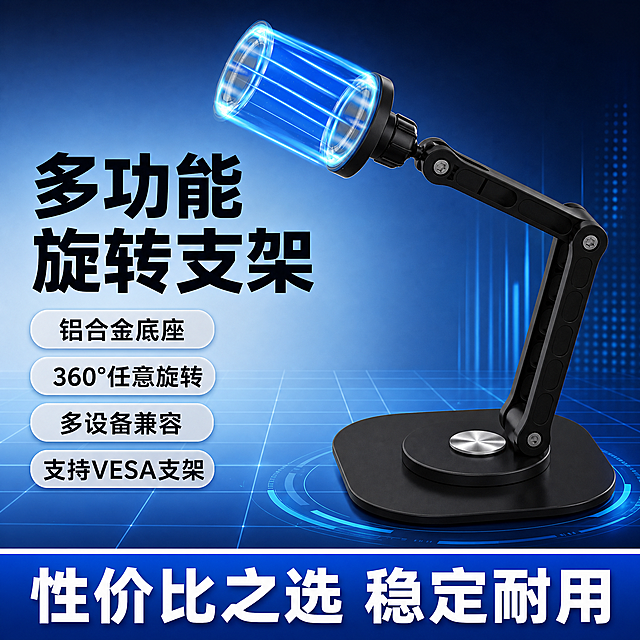 [单张主图] 多功能铝合金旋转支架，爆款促销感主图，拼多多适配风格。商品为多功能桌面支架，卖点为铝合金底座、360°旋转、支持平板电脑/便携显示器/手机、兼容VESA支架，路线为爆款促销，目标为传递产品核心优势促进点击转化。
参考比对：用户提供产品原图，需保持产品外形结构与参考图完全一致。
画面主体：保持原支架产品外观结构、黑色支架、黑色磨砂底座、银色铝合金旋转中心、关节结构、磁吸顶端蓝色发光效果保持不变，产品斜放于画面中心，主体占画面60%，清晰展示完整结构，细节精致。
构图版式：选择左文右品标签参数型版式，左侧35%放文字信息，右侧放置产品主体。
场景元素：背景为深蓝色科技渐变背景，带有浅色网格线条，凸显数码科技感。左侧文字区域，右侧产品展示区域，底部用高对比色块放核心权益信息。
文案版式：左侧主标题："多功能旋转支架"黑色粗体最大字，分两行排列；核心卖点用圆角胶囊标签排列：
「铝合金底座」
「360°任意旋转」
「多设备兼容」
「支持VESA支架」
每个标签为浅灰底深灰字，清晰易读；底部通栏蓝白高对比色块，写"性价比之选 稳定耐用"白色大字。
光影质感：主光为冷白色正面柔光，突出产品主体轮廓和金属质感；辅光为侧面蓝色氛围光，提亮边缘；背景暗部渐变过渡自然，产品下方保留柔和投影；金属旋转盘有清晰高光，塑料支架哑光质感真实，整体商业摄影超写实C4D渲染质感。
配色字体：主色深蓝科技背景，辅助色黑色支架银色金属，强调色白色文字蓝色标签；字体使用粗无衬线字体，主标题最大，卖点标签文字中等，底部权益文字清晰对比强。
比例分辨率：1:1比例，2048x2048 2K分辨率，文字清晰可辨超高清。
负向提示词：变形，水印，文字错乱，产品图模糊，背景杂乱，遮挡主体，错字，结构错误，产品外形改变，色差，文字模糊，低分辨率