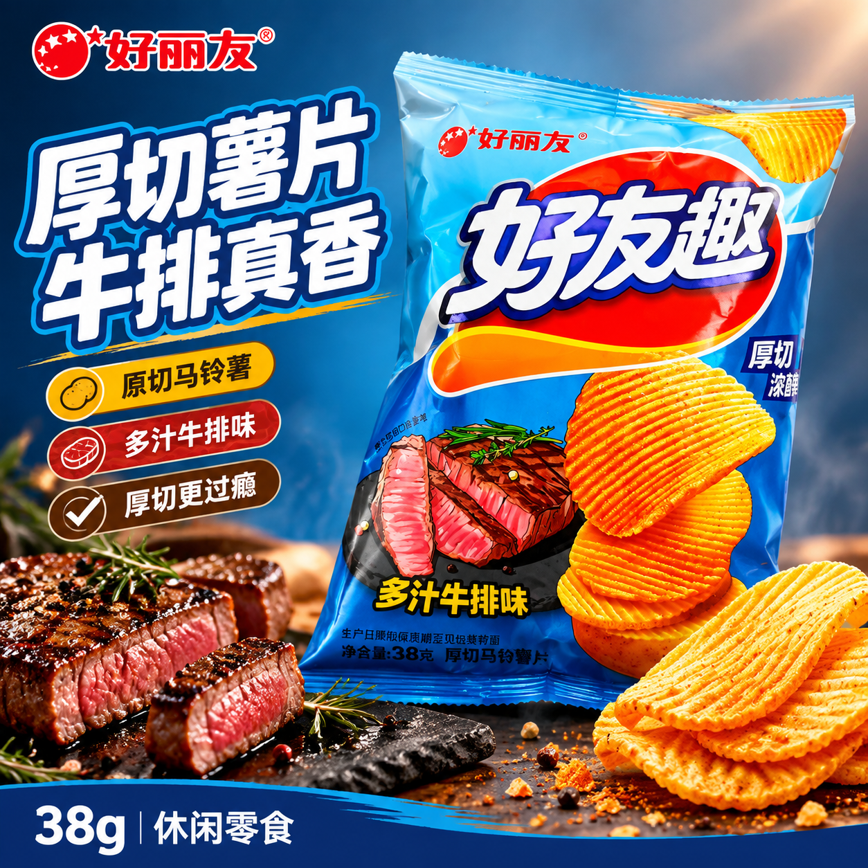 [单张主图] 好丽友好友趣多汁牛排味厚切薯片 爆款促销感主图… - 图片创意预览