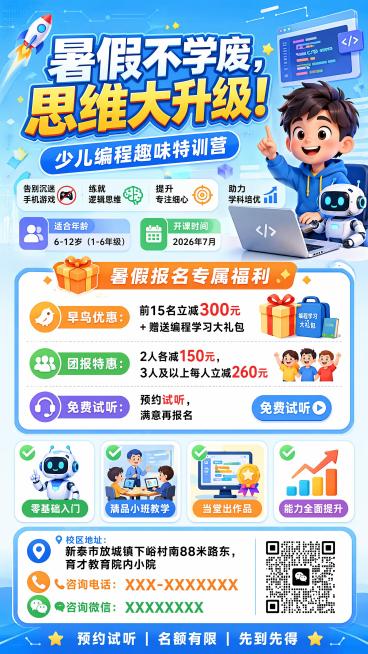 活泼明快少儿教育风格，课程招生海报正面，版式精美。主标题 "暑假不学废，思维大升级！"，副标题 "少儿编程趣味特训营"。核心文案：告别沉迷手机游戏｜练就逻辑思维｜提升专注细心｜助力学科培优，适合年龄：预览效果