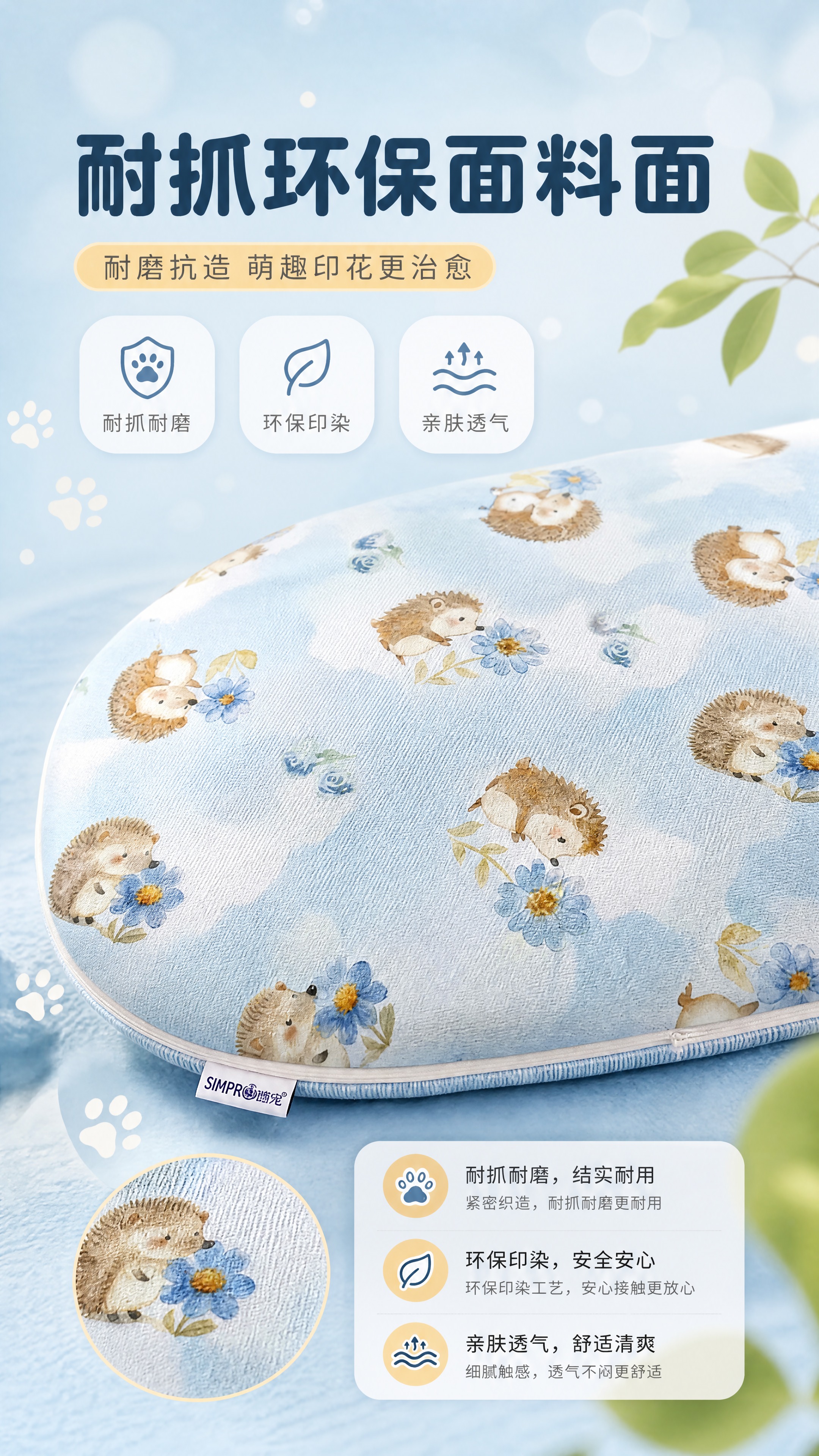 [商品] 使用【图1】耐抓环保面料面（浅蓝刺猬印花）；保留椭圆… - 图片创意预览