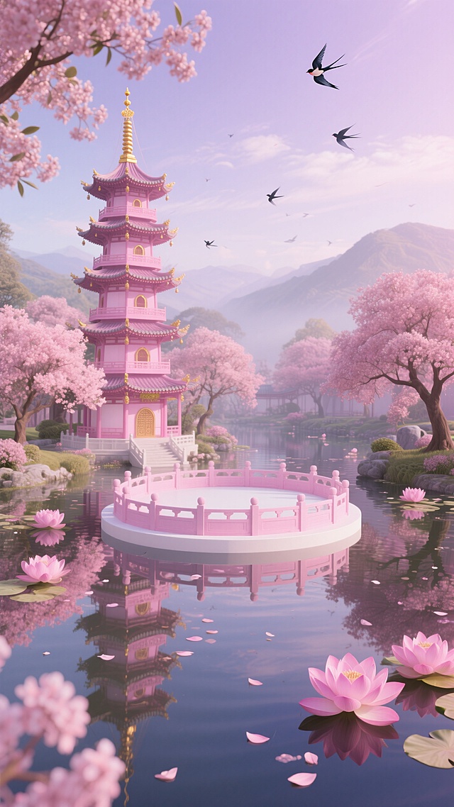 梦幻中国传统园林场景。画面左侧，一座粉色宝塔矗立，塔身点缀着金色装饰，格外醒目；中央位置，是粉白色圆形展台，展台外围有一圈围栏，下方的池塘水面如镜，粉色的莲花静静漂浮，姿态优美；池塘周围，粉色的桂花树环绕，增添了浪漫氛围。湖面漂浮粉嫩荷花与花瓣，倒映建筑与花木。四周遍植盛开的粉桂花树，搭配朦胧远山，天空有喜鹊点缀，整体色调柔和粉紫，充满东方意境的氛围 。