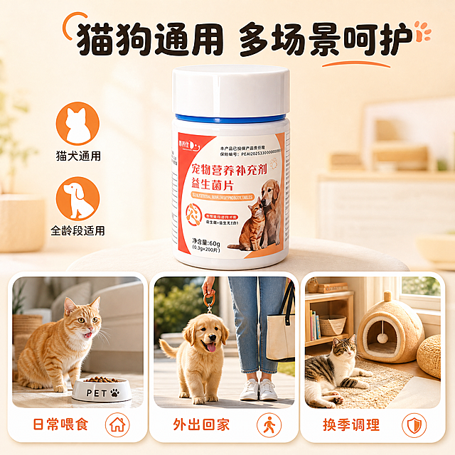 [主图-4] 适用场景与宠物体型适配图，展示猫狗通用、多场景适用。
[统一基调] 暖米白浅橘渐变背景，白色圆角卡片，橘红色强调色，圆润粗黑标题字体，自然光柔光高清实拍质感，简约通透氛围感。
[画面] 产品瓶身位于画面中心偏上，约占画面40%。瓶身下方用三个圆角场景卡片横向排列展示适用场景：左侧卡片展示「居家日常喂食」场景，一只可爱的橘猫在猫碗旁；中间卡片展示「狗狗外出回家」场景，一只金毛幼犬在主人身边；右侧卡片展示「换季肠胃调理」场景，配温馨宠物角环境。每张卡片内宠物状态健康活泼，毛色光亮。
[光影质感] 自然光柔光，整体明亮温暖，产品与场景融合自然，无硬切边缘，卡片有轻微悬浮投影，商业摄影级质感。
[配色] 暖米白主背景，白色圆角卡片，橘红色标题强调色，各场景卡片内有自然环境色但整体统一在暖色调中。
[文字版式] 顶部大标题「猫狗通用 多场景呵护」，字体圆润粗黑。每个场景卡片下方有小标题文字「日常喂食」「外出回家」「换季调理」。卡片右下角有小图标辅助识别。文字清晰，不遮挡产品和宠物主体。
[输出要求] 1:1正方形，2048*2048，高清2K，产品清晰，宠物形象可爱自然，文字清晰可读。负向：变形、错字、模糊、杂乱、水印、平台Logo、宠物病态形象、医疗恐吓。