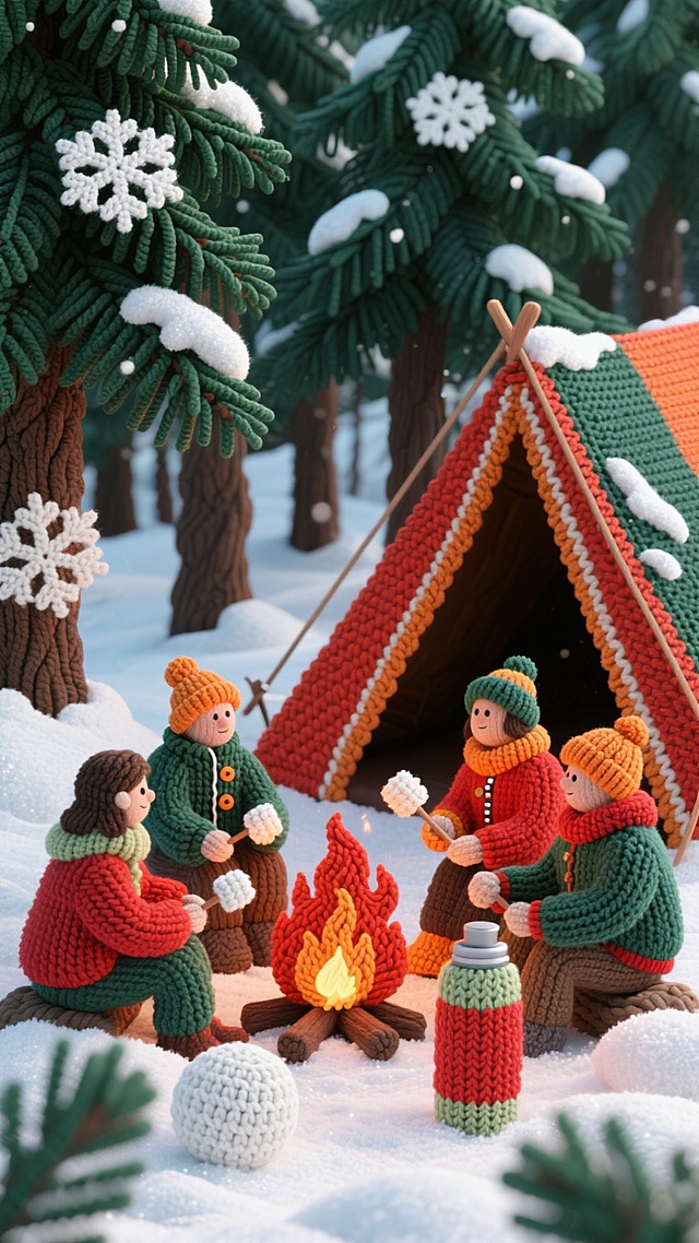 雪松林间燃起篝火，火焰映红周围积雪，露营者围坐烤棉花糖，身旁放着帐篷与暖水瓶。松枝覆雪，夜空缀着疏星，火星随晚风轻飘，橙红 + 墨绿配色，热闹又治愈的户外暖冬露营。