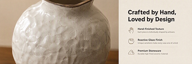 [商品] 使用【图1】白色粗陶纹理花瓶；重点保留手工凹凸肌理、釉面颗粒黑点、瓶口深棕色包边细节；保持材质真实感。
[画面] 细节质感页，目标是展示手工粗陶工艺的肌理之美，讲工艺故事。采用左图右文版式：左侧约65%是花瓶瓶身中部的超微距特写，镜头贴近釉面，清晰展现手工捏制留下的不规则凹凸纹理、釉面流动感和细微的深色颗粒斑点，光线在肌理起伏上形成丰富的明暗层次，瓶口深棕色包边也有局部入镜；右侧约35%是文字和图标区。画面底部有一小部分木质桌面虚化承托。
[视觉] 套系策略：风格=侘寂风极简高级商业摄影；标题字=现代无衬线粗体；正文字=简洁无衬线体；主色=暖米杏色 #F5F0E8；背景延展=基于暖米杏做深浅层级和细腻纸张质感；强调色=深陶棕 #5D4E37；标题色=深炭棕 #3D3226；正文色=中暖灰 #7A7065；组件=细线图标、短横线分隔、极简符号；光影=侧光打在肌理上形成强烈明暗对比，突出纹理立体感，整体暖调。
[文字] 右侧文字区：主标题"Crafted by Hand, Loved by Design"，下方3组工艺卖点，每组配一个细线小图标：第一组图标是手掌+"Hand-Finished Texture"+小字说明"Each piece is individually shaped by artisans"；第二组图标是陶瓷釉面+"Reactive Glaze Finish"+小字说明"Unique variations make every vase one of a kind"；第三组图标是陶土+"Premium Stoneware"+小字说明"Durable high-fired ceramic material"。文字左对齐，层级分明。所有文字为英文，横排。
[规格] 图片比例97:30横版（Amazon基础A+），4K，避免变形、错字、文字过小、冷蓝调、肌理模糊、花瓶颜色改变。