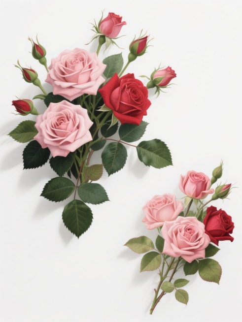 白色背景上，两束高度写实风格的玫瑰花插画，左侧为较大花丛，包含盛开的重瓣玫瑰、半开的花苞及多片深绿色带锯齿边缘的叶子，右侧为稍小花丛，结构相似，所有玫瑰花由原红色改为柔和的粉色，花瓣层次丰富，色彩过渡自然，带有细腻的明暗光影表现，叶片呈现自然的绿色渐变和清晰叶脉纹理，整体构图保持原图的不对称平衡感，边缘锐利清晰，无阴影，具有鲜明的装饰画质感。预览效果