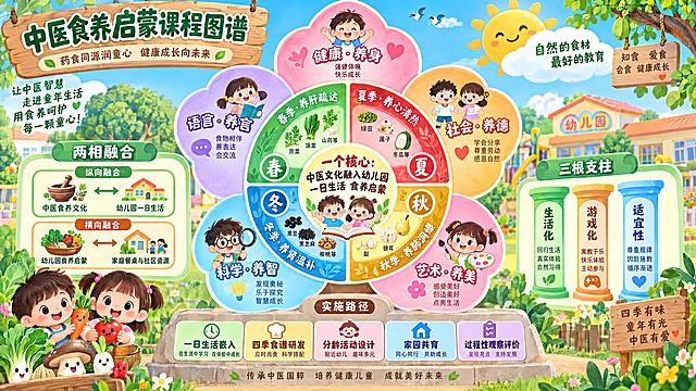 幼儿园中医食养启蒙课程图谱展板，4K高清，颜色鲜艳活泼，适合幼儿园展示。整体采用同心圆+五瓣花的构图设计，画面中心是一个核心圆，写着"一个核心：中医文化融入幼儿园一日生活 食养启蒙"。左右两翼是两相融合：纵向融合（中医食养文化↔幼儿园一日生活）、横向融合（幼儿园食养启蒙↔家庭餐桌与社区资源）。三根支柱是三个原则：生活化、游戏化、适宜性。四色环代表四季十食养：春季绿色（养肝疏达，荠菜菠菜山药等）、夏季红色（养心清热，绿豆莲子冬瓜等）、秋季金色（养肺润燥，梨银耳百合等）、冬季蓝色（养肾温补，黑豆黑芝麻核桃等）。外围五瓣花对应五位一体课程目标：健康·养身、语言·养言、社会·养德、科学·养智、艺术·养美。底部基座写着实施路径：一日生活嵌入、四季食谱研发、分龄活动设计、家园共育、过程性观察评价。整体风格卡通可爱，色彩明快丰富，有童趣元素如小朋友、食材卡通形象、花草树木装饰，适合幼儿园环境布置，文字清晰易读，排版美观大方。