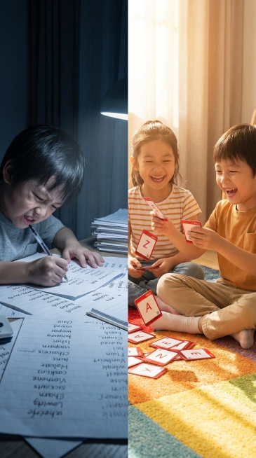 左右分屏构图。左边：昏暗灯光下，一个孩子趴在书桌前，表情疲惫痛苦，面前堆满抄写的单词纸，一支笔被用力按在纸上，整体色调冷暗压抑。右边：明亮温暖的光线下，两个孩子在彩色地毯上席地而坐，兴奋地玩着红色的字预览效果