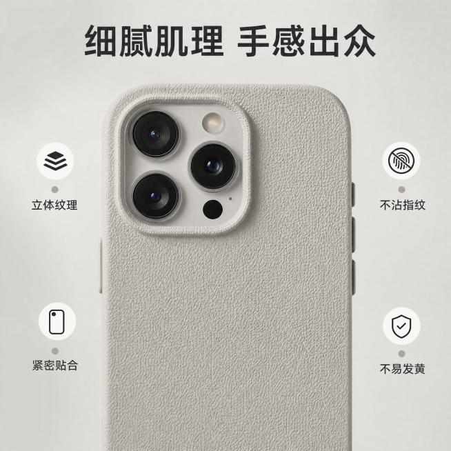 [主图-2] 简约纯色肌理手机壳核心细节展示
[氛围风格] 极简高级质感，突出细节优势
[画质] 商业摄影质感、光线柔和通透、产品清晰真实、画面干净高级
[元素] 手机壳放置在浅灰色纯色背景中央，占据预览效果