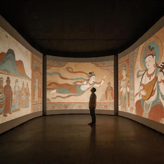 四折幕CAVE空间，克孜尔壁画投影，暗环境，光影沉浸，用户在空间中间体验，真实感，用于学术展示，柔和光线，高质量渲染预览效果