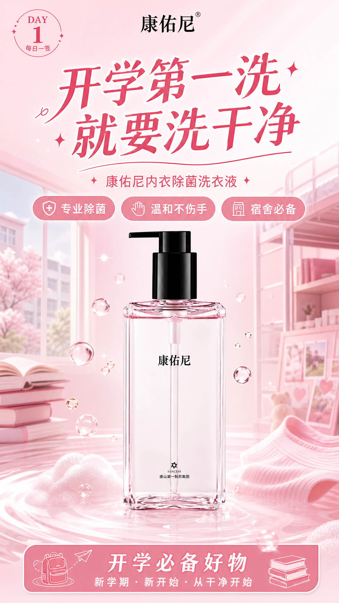 开学季每日一签系列海报第1张，康佑尼内衣除菌洗衣液产品海报，竖… - 图片创意预览