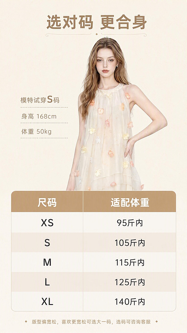 [第7张] 详情页选码指南页-选对码 更合身。本张使用【图1】作为模特试穿参考。
[氛围/风格] 清爽信息风，简洁明了，浅杏色调，表格清晰易读。
[元素布局] 上半部分为模特半身试穿参考图，模特身穿杏色两件套，标注试穿尺码；下半部分为居中尺码表格；背景为浅米色，带细微纹理；模特服装与输入图一致。
[光影质感] 均匀柔和布光，整体明亮干净，突出表格信息清晰度。
[配色色系] 全局底色 #FAF6F0（浅米杏）；主色深杏色 #B8956E；辅助色浅杏色 #F0E6D8；表格表头为暖杏色。
[视角构图] 上下结构，上半部分模特图，下半部分尺码表，阅读动线：顶部标题 → 模特参考 → 尺码表格 → 底部提示。
[文字版式] 顶部标题「选对码 更合身」，粗黑体，深杏色，居中。模特图旁标注「模特试穿S码 身高168cm 体重50kg」。下方居中表格，两列：尺码列（XS/S/M/L/XL）、适配体重列（95斤内/105斤内/115斤内/125斤内/140斤内）；表头为暖杏色底白字，表格内容为深灰字，隔行浅杏色底。底部提示文字「版型偏宽松，喜欢更宽松可选大一码，选码可咨询客服」，浅棕色，居中，小号字体。
[比例分辨率] 9:16 竖版比例，4K 分辨率，文字清晰可辨，高清画质。
[负向提示词] 表格变形，文字错乱，文字过小，颜色偏差，水印，模特面部变形。