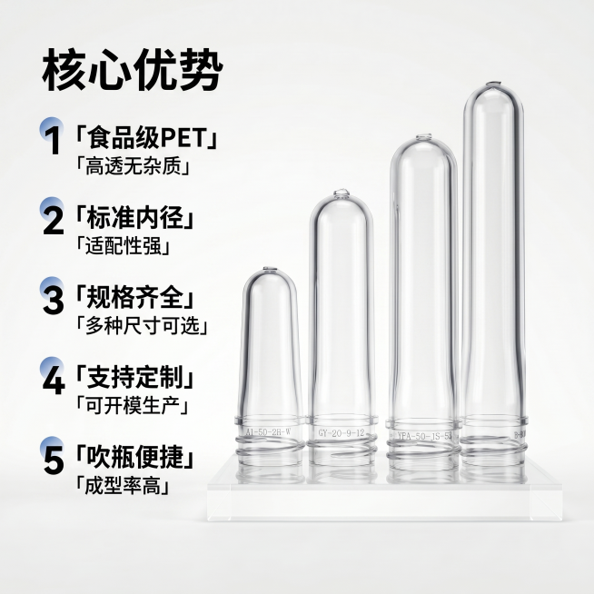 [主图 2] 透明塑料瓶胚核心卖点展示，突出产品优势。[氛围风格] 清晰专业工业风，画面干净简洁。[画质] 商业摄影质感、光线柔和通透、产品清晰真实、画面干净高级。保持透明塑料瓶胚外观、结构、透明材质预览效果