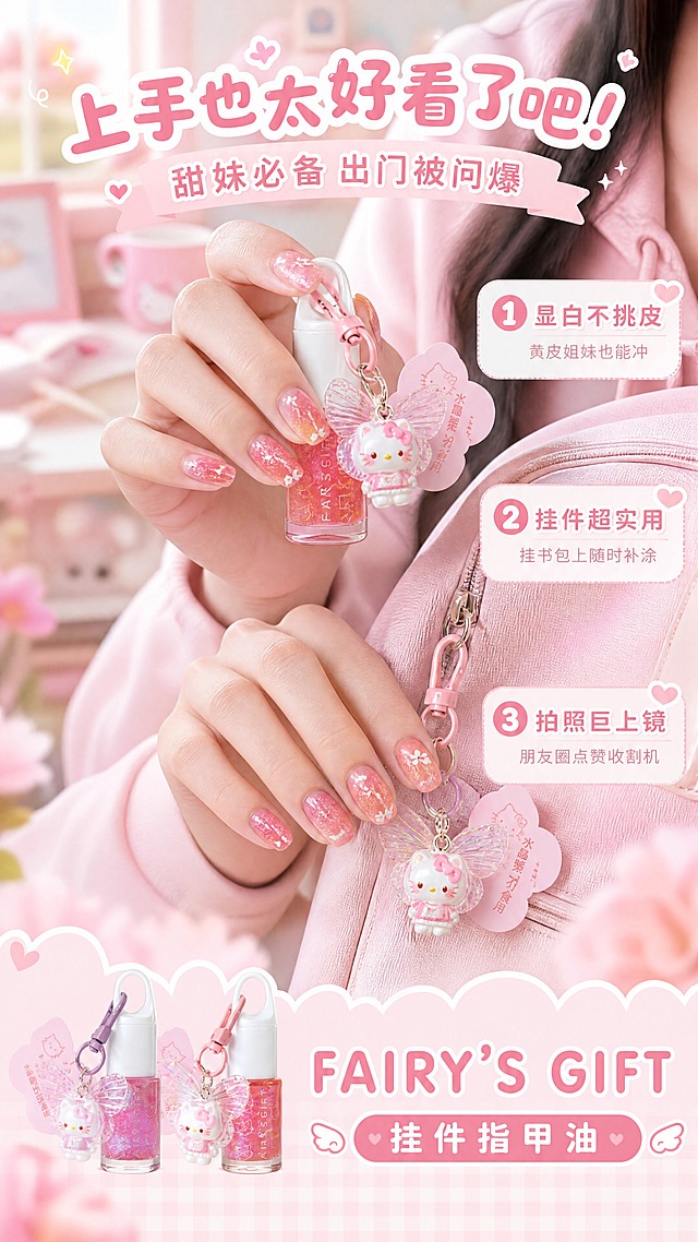 [商品] 使用【图1】中粉色闪片款和橘红亮片款FAIRY'S GIFT挂件指甲油；保留瓶身、Hello Kitty挂件、翅膀、挂扣、吊牌、瓶身文字、指甲油颜色；商品处理：产品与真人手部同框，展示涂好的美甲效果和挂件使用方式。
[画面] 目标：真人手部美甲效果+挂件使用场景展示，增强代入感；构图：半身氛围型，画面中央少女的双手展示美甲，一只手拿着指甲油瓶，另一只手的书包挂着同款挂件；产品占画面30%，手部占40%；景别：手部特写+上半身局部；阅读动线：顶部标题→中部手部美甲效果→底部产品+卖点；前中后景：前景虚化的粉色花朵、中景手部+产品+书包挂件、后景柔粉宿舍/书桌场景虚化。
[视觉] 套系策略：风格=少女心软萌甜系商业摄影+可爱排版；标题字=圆润可爱粗圆体；正文字=简洁圆润无衬线体；主色=樱花粉+奶油白；背景延展=基于粉白做柔焦场景虚化、同色系深浅装饰、爱心/星星点缀；强调色=香芋紫+薄荷蓝，仅用于小面积图标；标题色=深粉红；正文色=暖粉灰；组件=圆角粉白信息卡、虚线引线、爱心图标；光影=窗边自然光，柔和暖调。
[文字] 顶部主标题"上手也太好看了吧！"，副标题"甜妹必备 出门被问爆"；右侧竖排3个编号卖点：①"显白不挑皮""黄皮姐妹也能冲"②"挂件超实用""挂书包上随时补涂"③"拍照巨上镜""朋友圈点赞收割机"；底部放产品小图+"FAIRY'S GIFT 挂件指甲油"；人物为亚洲少女，只露手部和少量手臂/书包，不露全脸。
[规格] 图片比例9:16竖版，4K，避免变形、错字、文字过小、冷蓝灰背景、产品颜色改变、欧美面孔、极限词。